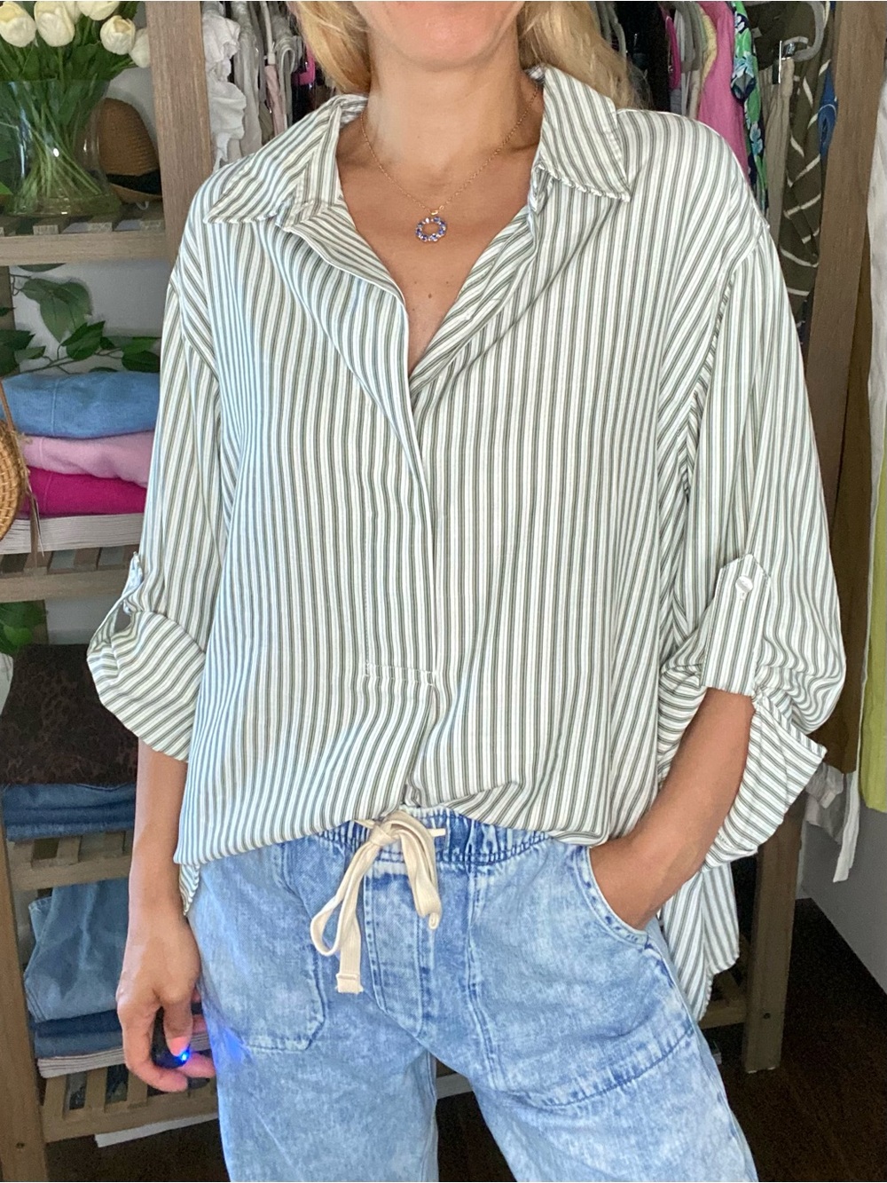 MAX STUDIO PLUS Striped Green & White Relaxed Button-Front Women's Top! 🐚